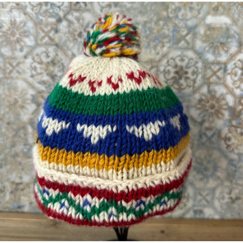 George Beanie Fair Isle Fleece Lined Pom Pom Kids OS White Multi Excellent